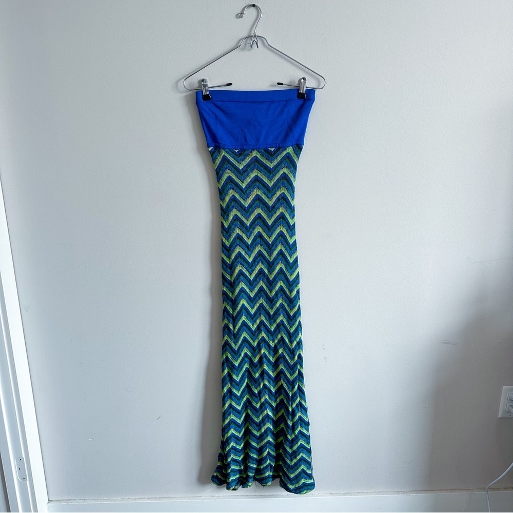 Bebe Y2K Chevron Print Maxi Bodycon Strapless Knit Blue Green Vacation Dress